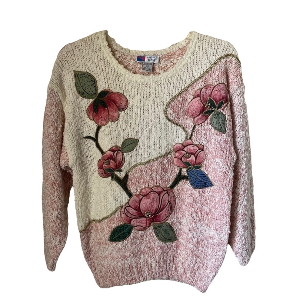 Vintage Lindsey Blake Medium‎ Floral Print Sweater Cottagecore Grandma Ch…